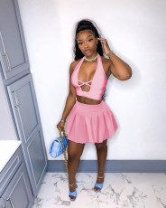 Sexy Solid Color Sleeveless Top And Pleated Skirt  Two Piece Sets XYF-9096