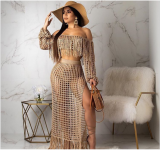 Grid Tassel Off Shoulder Split Long Skirt Sets TR-938