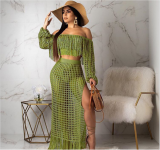 Grid Tassel Off Shoulder Split Long Skirt Sets TR-938