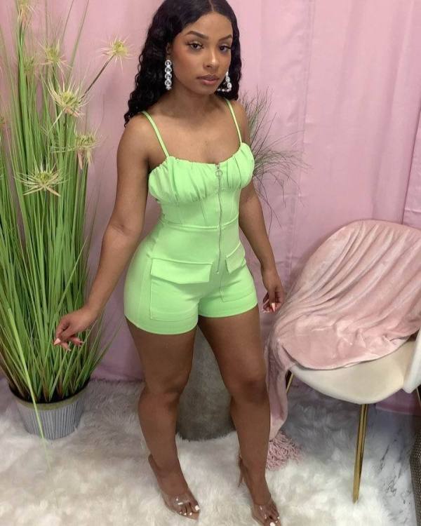 Solid Spaghetti Strap Pocket Romper MDF-5231
