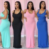 Solid Sleeveless Straps Split Maxi Dress HMS-5458