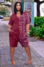 Casual Loose Prined V Neck Pocket Romper BLX-8207