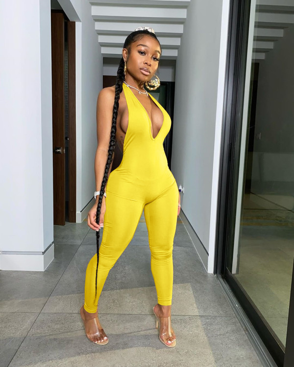 Sexy Solid Backless Halter Jumpsuit BLX-7515