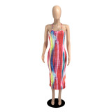 Sexy Printed Cross Strap Split Midi Dress YIBF-6073