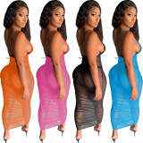Sexy Sling Mesh See-through Ruched Long Club Dress NYF-8060