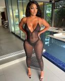 Sexy Sling Mesh See-through Ruched Long Club Dress NYF-8060