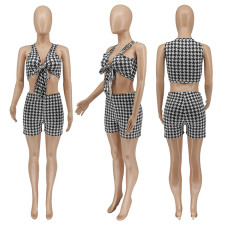 Houndstooth Print Tie Up Sleeveless 2 Piece Shorts Set WSYF-5866