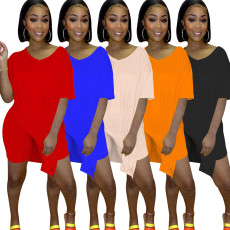 Casual Solid Split T Shirt And Shorts 2 Piece Sets FOSF-8081