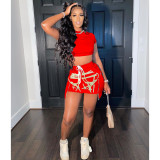 Casual Short Sleeve Crop Top Mini Skirt 2 Piece Sets WSM-5234