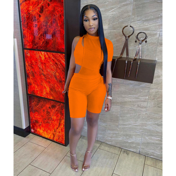 Sexy One Shoulder Tank Top+Mesh Patchwork Romper 2 Piece Sets FOSF-8078