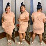 Plus Size Casual Striped Short Sleeve Drawstring Dress LDS-3279