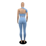 Sexy Solid One Shoulder Backless 2 Piece Pants Set YIBF-6084
