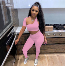 Sexy Solid One Shoulder Backless 2 Piece Pants Set YIBF-6084