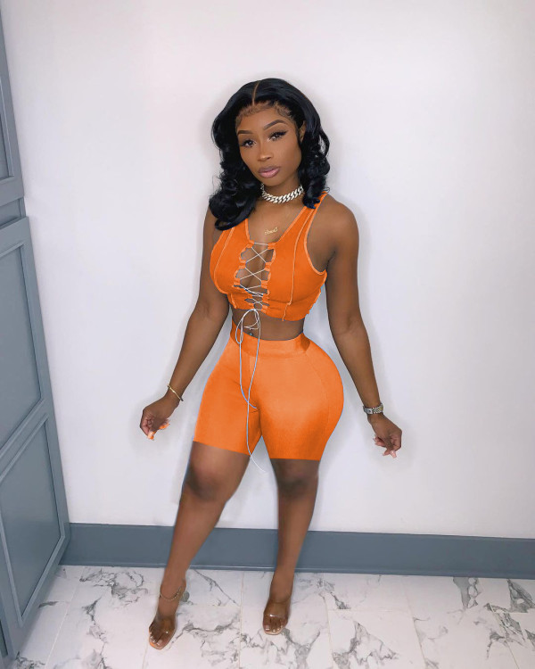Solid Sleeveless Lace-Up Two Piece Shorts Set XYF-9107