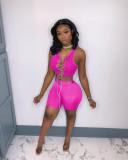 Solid Sleeveless Lace-Up Two Piece Shorts Set XYF-9107