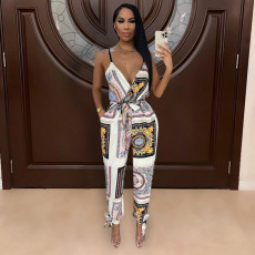 Fashion Casual Print Sling jumpsuit (With Belt) WMEF-2068