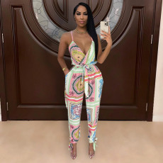 Fashion Casual Print Sling jumpsuit (With Belt) WMEF-2068