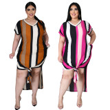 Plus Size V-neck Striped Print Short Sleeve Split Dress BMF-063