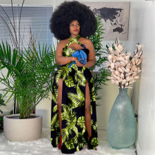 Plus Size Sexy Printed Halter Split Maxi Dress SH-5084