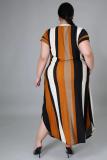 Plus Size V-neck Striped Print Short Sleeve Split Dress BMF-063
