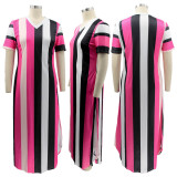 Plus Size V-neck Striped Print Short Sleeve Split Dress BMF-063