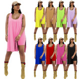 Loose Solid Color Long Vest Shorts Two Piece Sets TE-4263