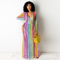 Colorful Striped Gird Hollow Out Long Club Dress TE-4224