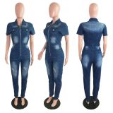 Plus Size Denim Zipper Skinny Jeans Jumpsuit LX-6056