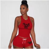Pink Letter Print Tank Top Shorts 2 Piece Sets TE-4199