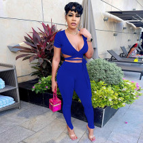 Solid Ribbed Short Sleeve Two Piece Pants Set GLF-10005