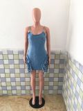 Plus Size Denim Tassel Spaghetti Strap Mini Dress LX-3003