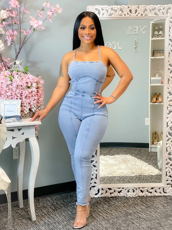Plus Size Denim Backless Cross-Strap Jumpsuit LX-6060