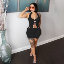 Sexy Solid Lace-Up Halter Top And Shorts 2 Piece Sets YIBF-6093