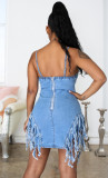 Plus Size Denim Tassel Spaghetti Strap Mini Dress LX-3003