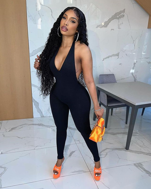 Solid Sexy Halter Backless Jumpsuit MEM-88373