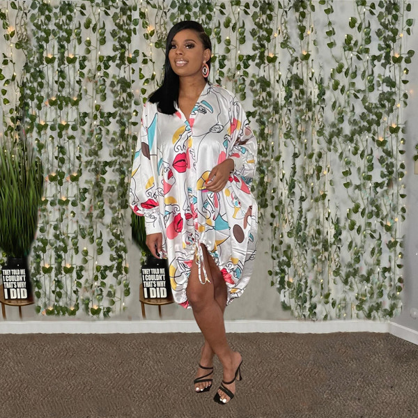 Sexy Printed Satin Long Sleeve Shirt Dress SFY-2122