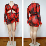 Plus Size Floral Print Long Sleeve Drawstring Mini Skirt 2 Piece Sets NNWF-7228