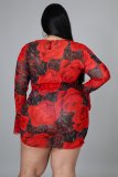 Plus Size Floral Print Long Sleeve Drawstring Mini Skirt 2 Piece Sets NNWF-7228