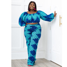 Plus Size Printed Long Sleeve Off Shoulder 2 Piece Sets NNWF-7239