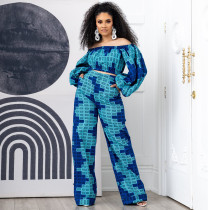 Plus Size Printed Long Sleeve Off Shoulder 2 Piece Sets NNWF-7239