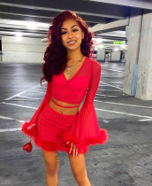 Solid Feather Long Flare Sleeve Mini Skirt 2 Piece Sets XYF-9111