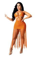 Sexy Knitted Tassel Halter Hollow Mini Dress TR-1166