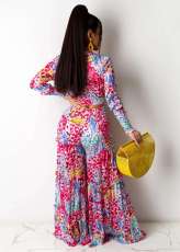 Sexy Chiffon Printed Blouse Top Wide Leg Pants 2 Piece Sets SFY-2125