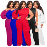 Plus Size One Shoulder Long Sleeve Sashes Jumpsuit NNWF-7089