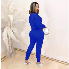 Solid Long Crop Top+Lace-Up Pants 2 Piece Outfit MDF-5249