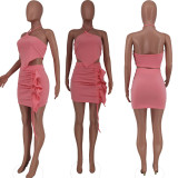 Solid Halter Crop Top Ruffled Mini Skirt 2 Piece Sets ZDF-31158