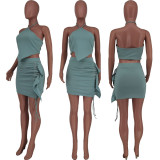 Solid Halter Crop Top Ruffled Mini Skirt 2 Piece Sets ZDF-31158