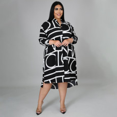 Plus Size CasuaL Printed Long Sleeve Shirt Dress NNWF-7255