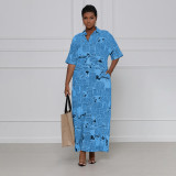 Plus Size Newspaper Print Short Sleeve Maxi Shirt Dress SFY-2129