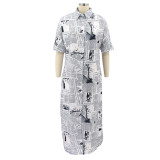 Plus Size Newspaper Print Short Sleeve Maxi Shirt Dress SFY-2129